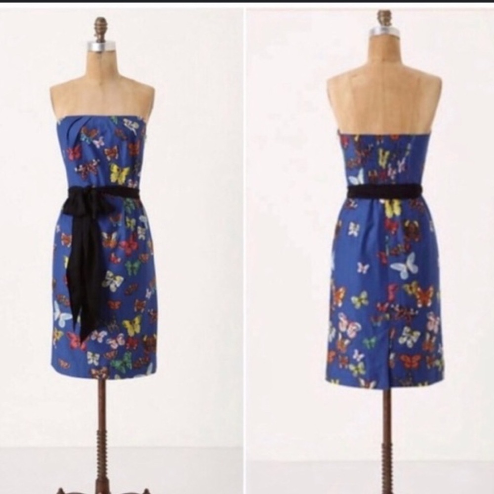 Anthropologie Strapless Blue Butterfly Print Dress with Black Sash
